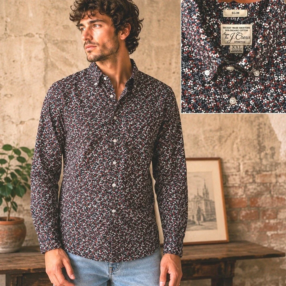 J Crew Mens Slim Stretch Floral Button Shirt XXL Navy Preppy Statement Retro 90s